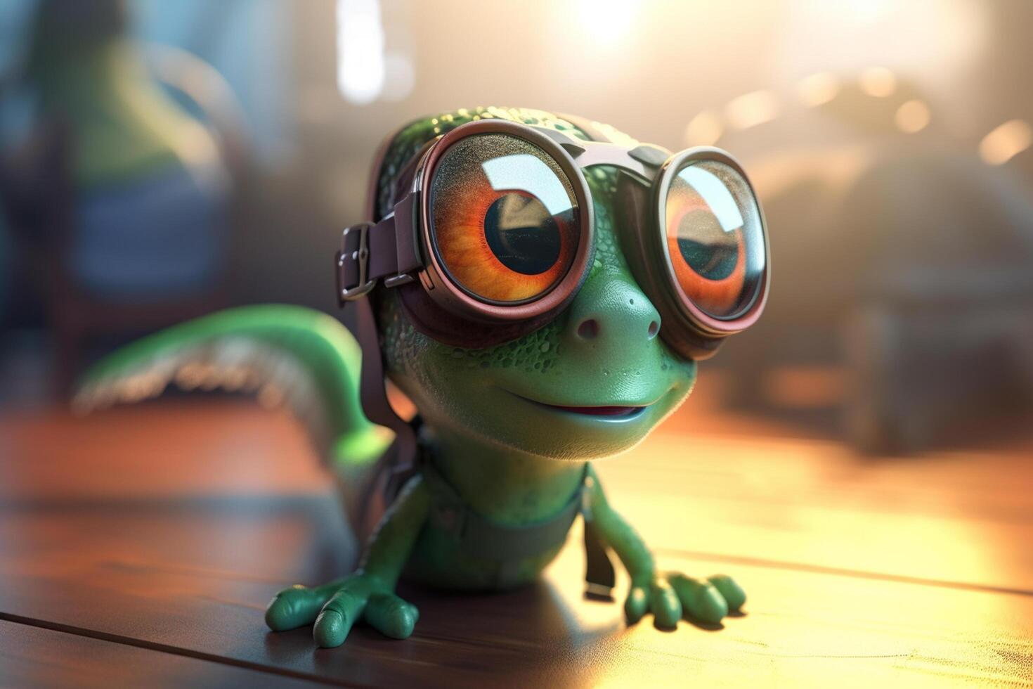 Fly high with the cool photorealistic cartoon chameleon pilot and his goggles photo