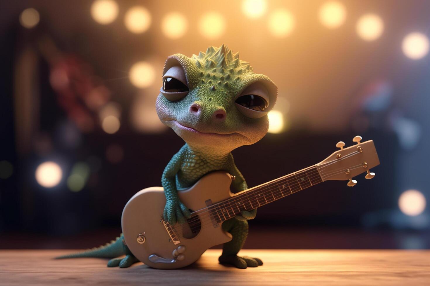 The Rockin' Chameleon A Funny Photorealistic Cartoon with a Guitar as a Rock Star photo