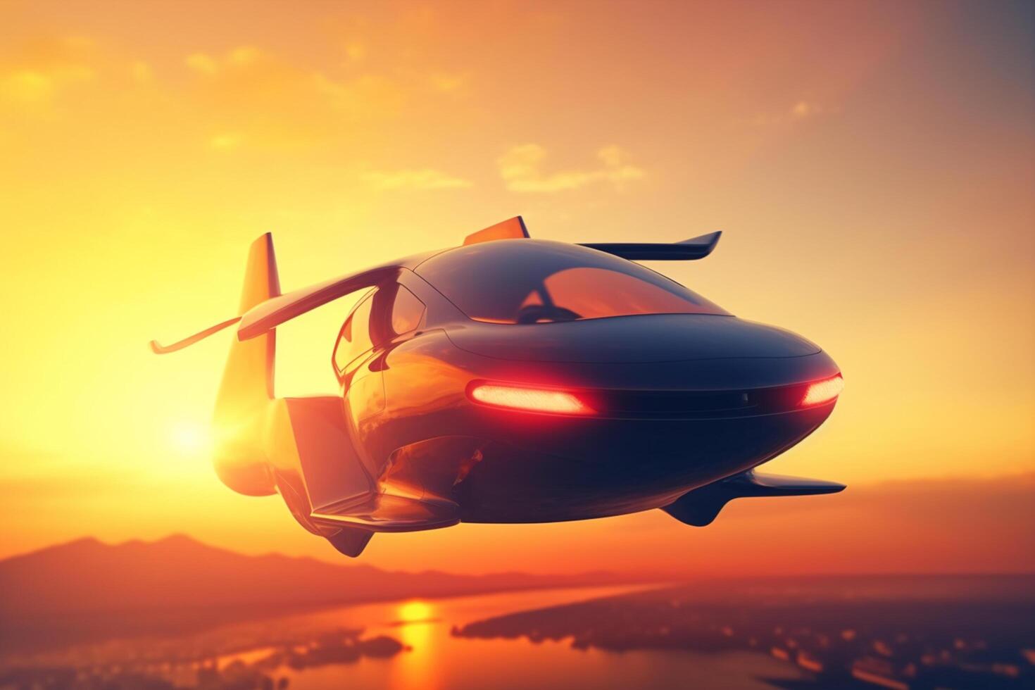 Flying Car Futuristic AI-Powered Vehicle Soaring at Sunset photo