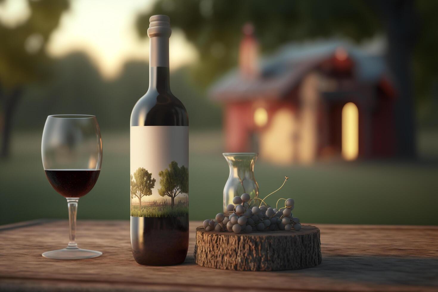 A wine glass, grapes, and a bottle on a table overlooking a vineyard photo