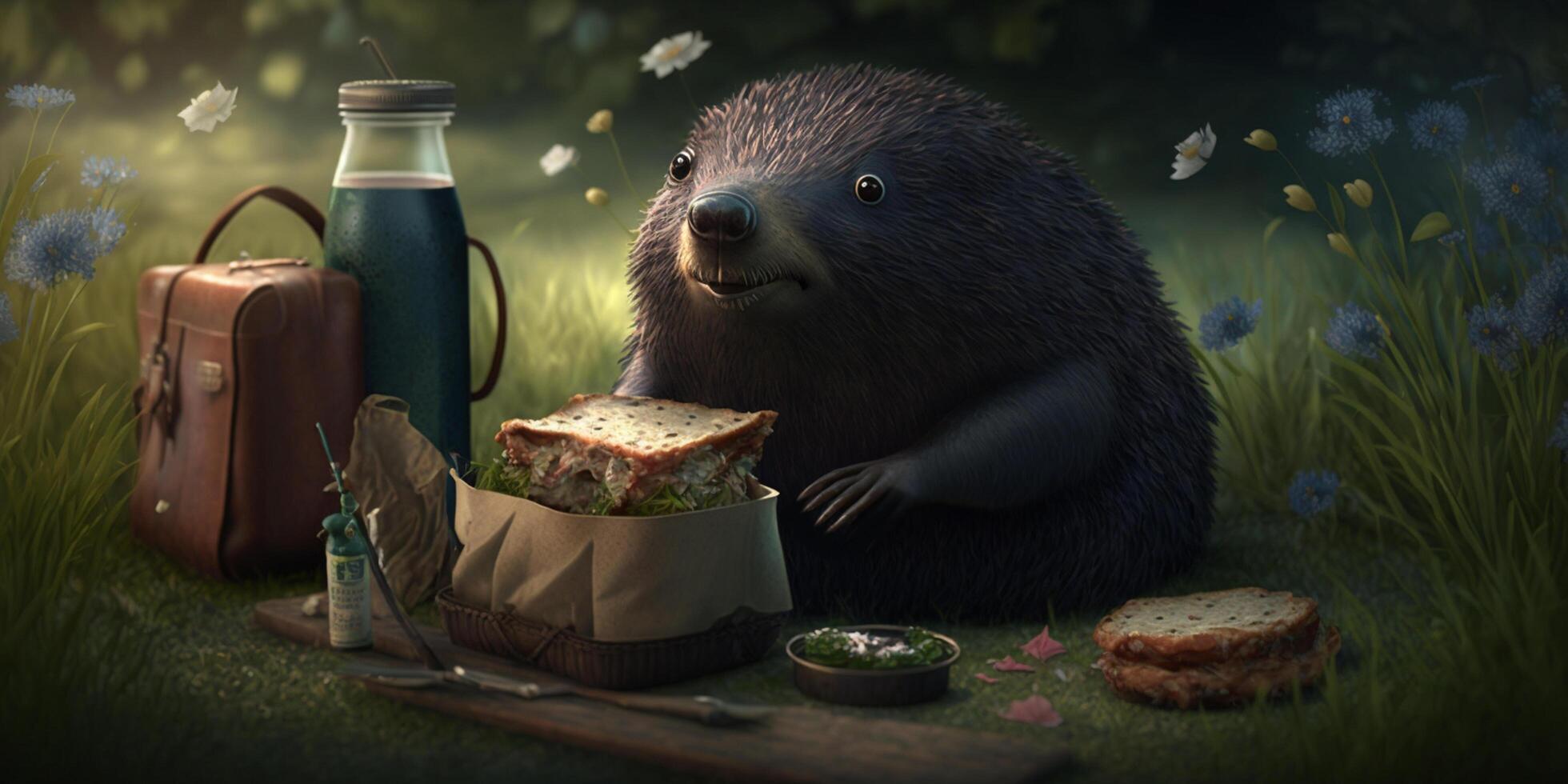 Enjoying the sunshine, this jolly mole is having a picnic on a beautiful garden meadow photo