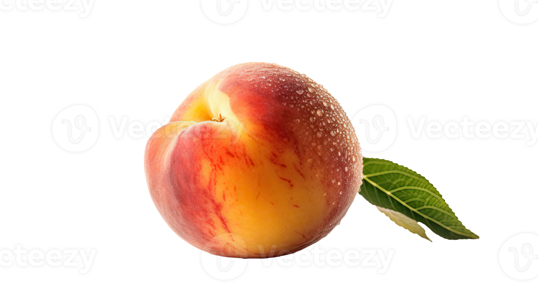 Realistic Ripe Peach with Green Leaf and Water Droplets on Background, . png