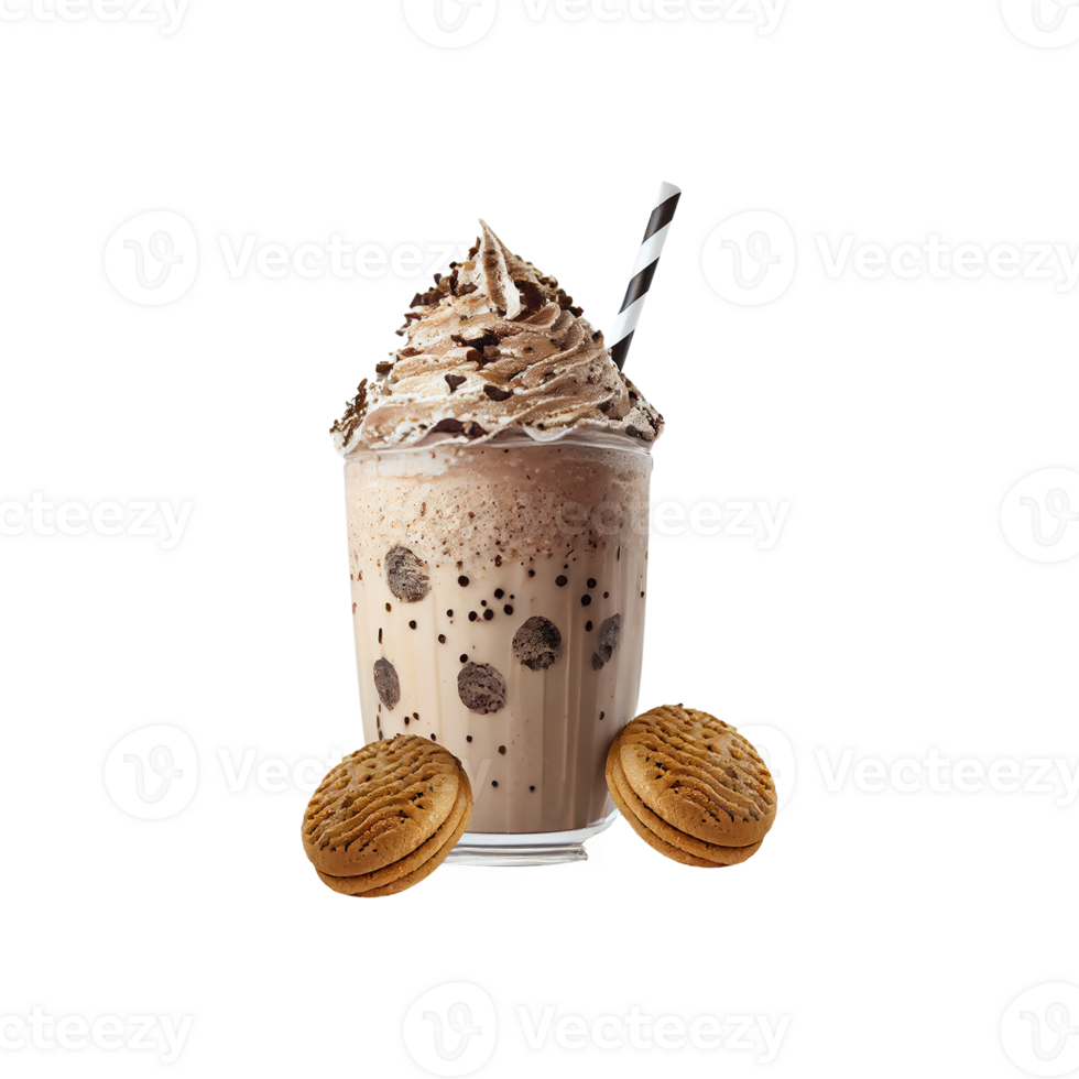 3D Render of Whipped Chocolate Milkshake Glass With Stripe Straw, Cookies Elements. png