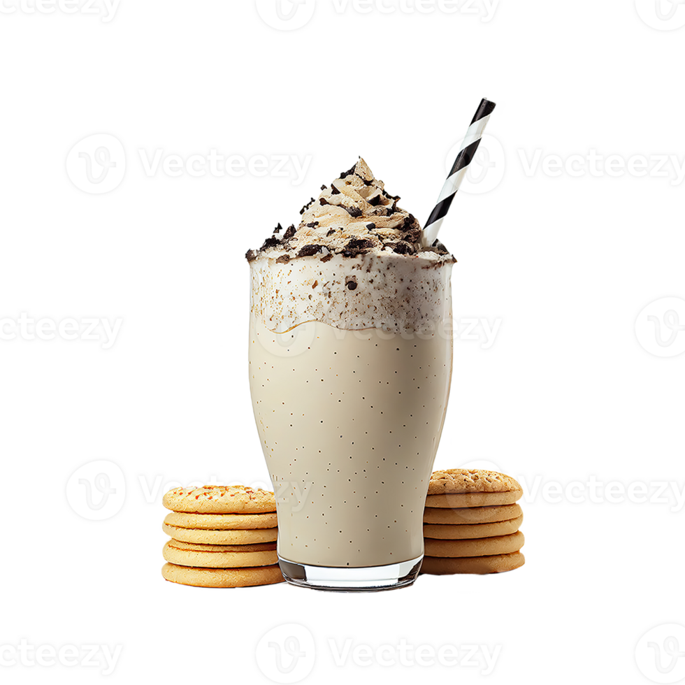 3D Render of Coffee Milkshake Glass With Choco Crumbs And Cookies Elements. png