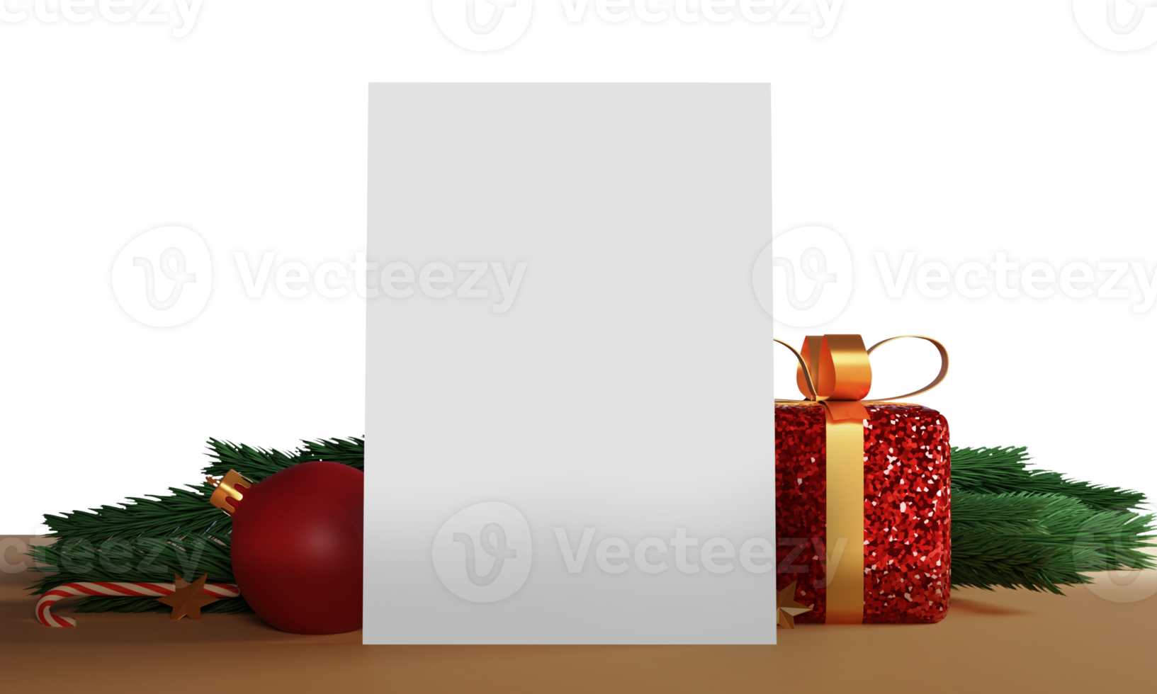 Merry Christmas Greeting Card With 3D Gift Box, Bauble, Candy Cane, Fir Leaves. png
