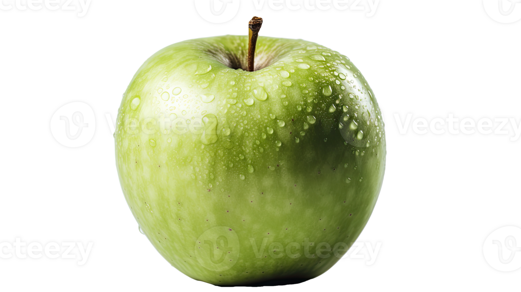 Realistic Green Apple with Droplets of Water on Background, . png