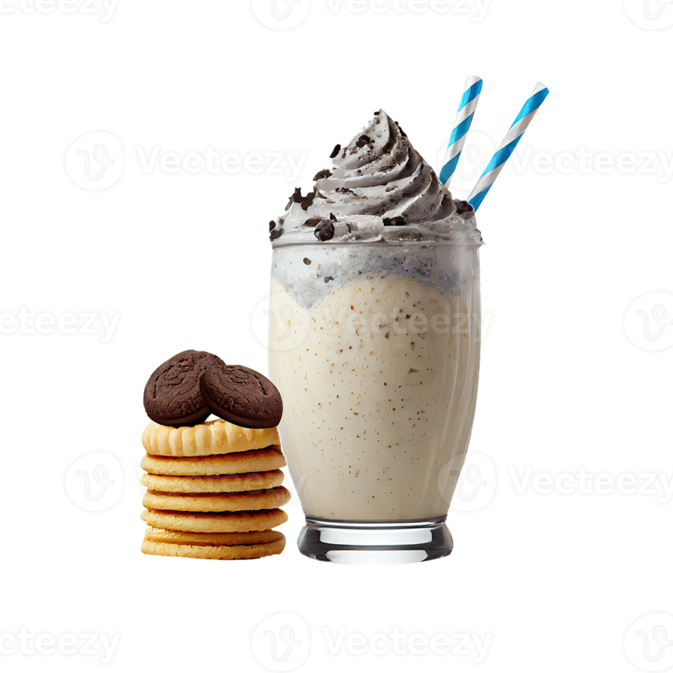 3D Render of Milkshake Glass With Whipped Cream And Cookies Elements. png
