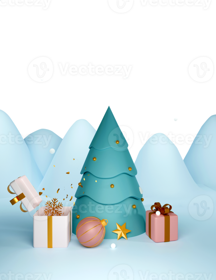 3d Weihnachten Baum mit Geschenk Kisten, Flitter, golden Schneeflocke, Stern, Konfetti png