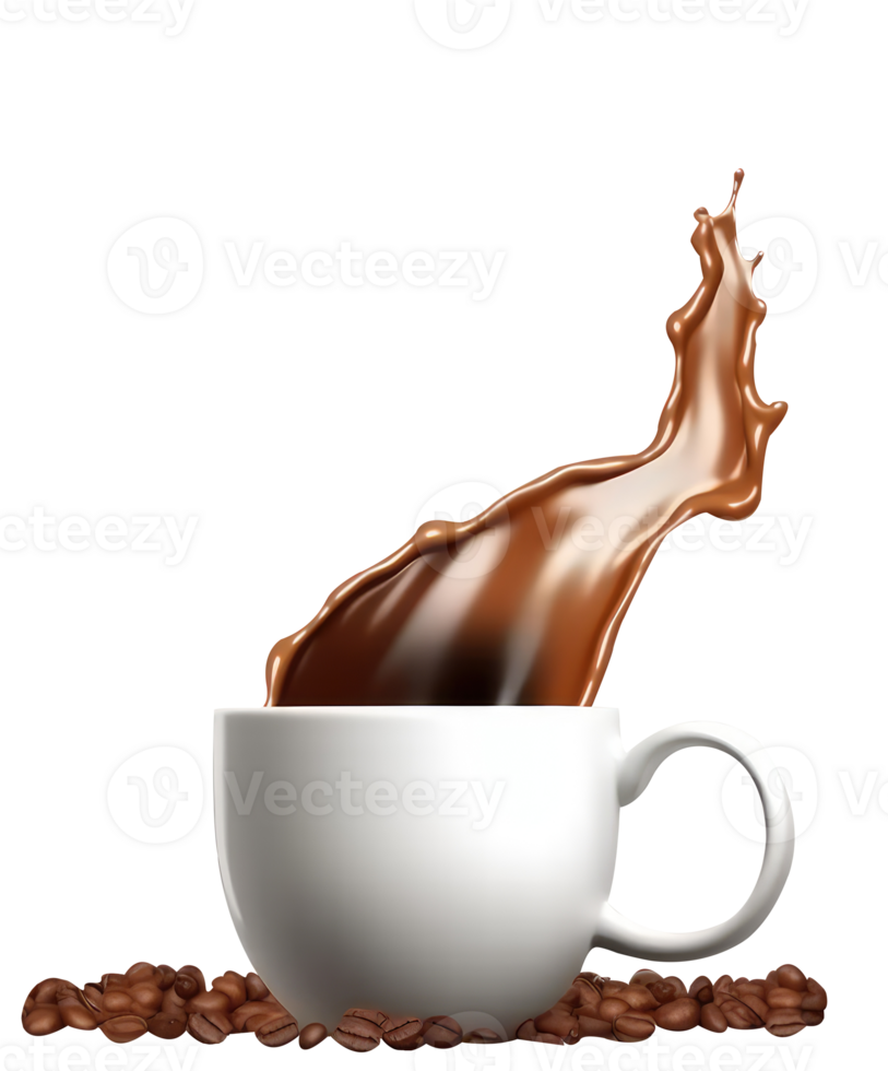 Isolated Delicious Coffee Splashing Cup and Seeds on Transparent Background. 3D Render. png
