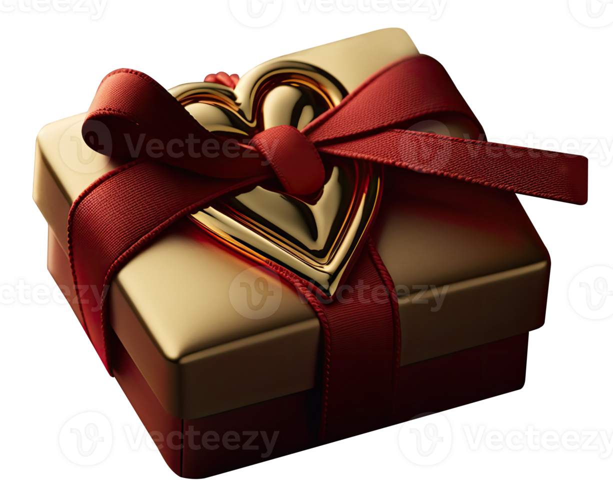 Realistic Red And Golden Gift Box with Heart Shape 3D Icon on Transparent Background. Love or Valentines Concept. png