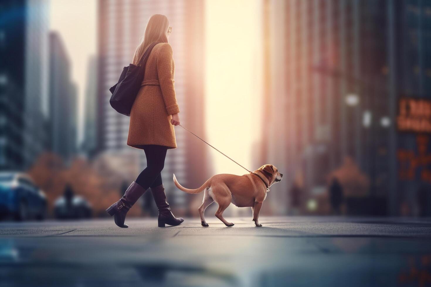 City Stroll with Canine Companion A Woman and Her Dog Amidst Skyscrapers During Sunset photo