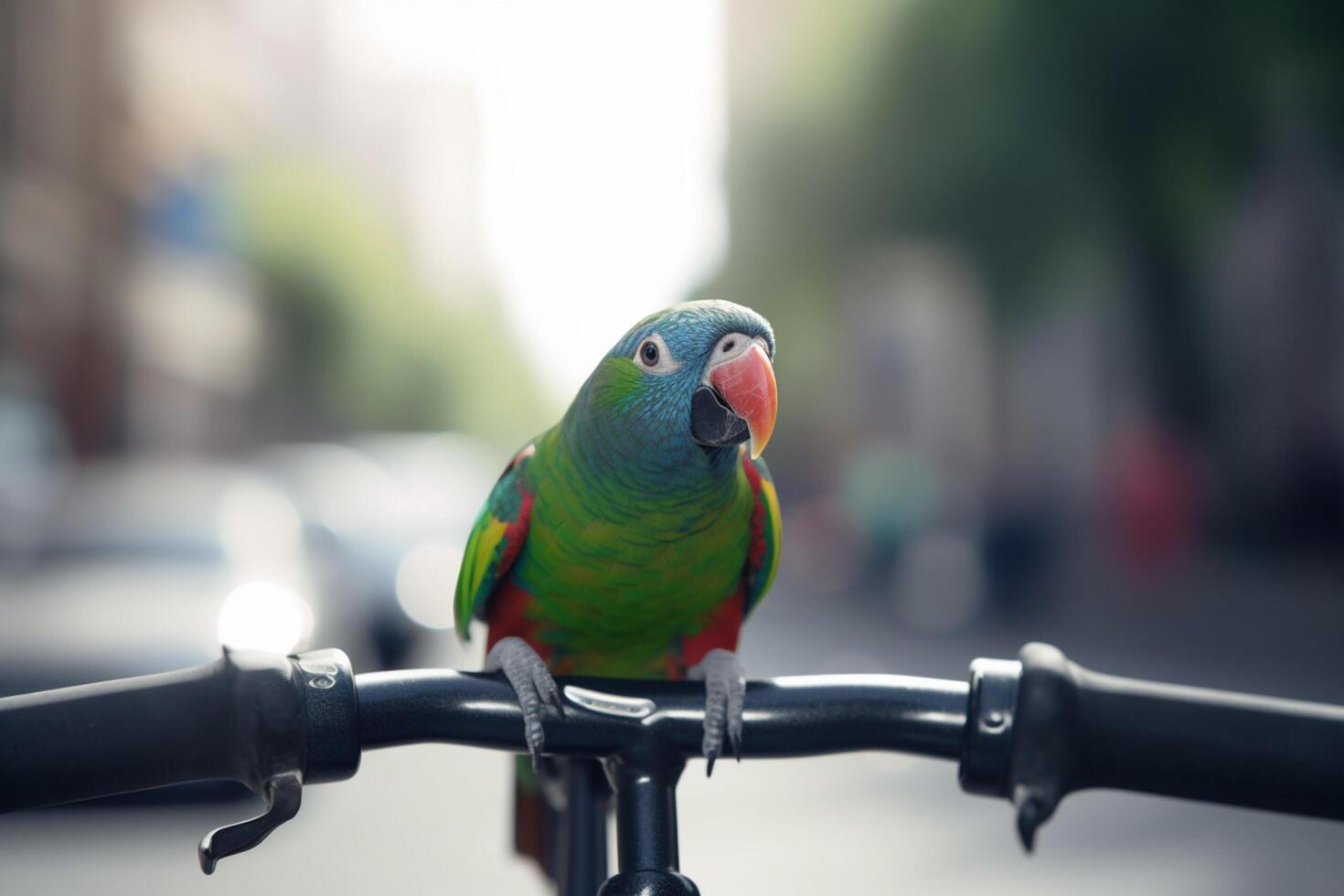 Colorful Parrot Perched on Bicycle Handlebar in Busy City photo