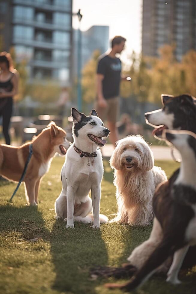 A Pack of Playful Dogs in an Urban Dog Park photo