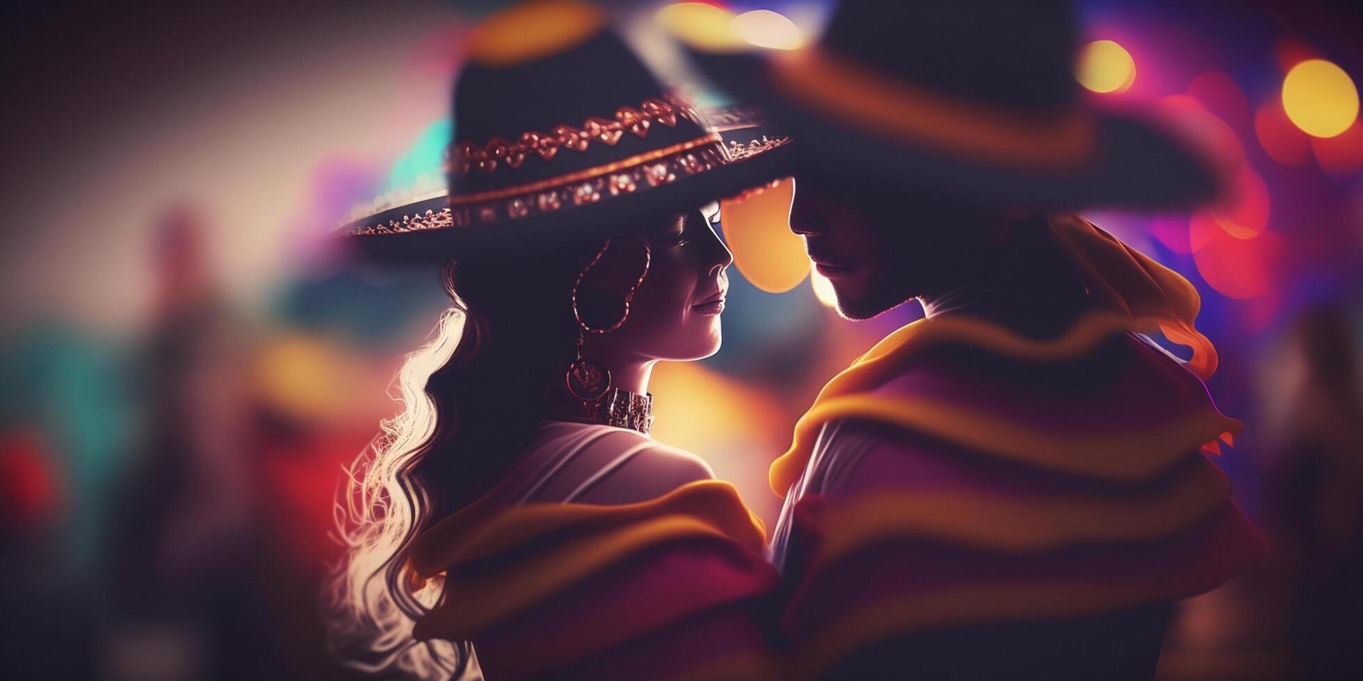 un mexicano Pareja bailando en tradicional ropa con sombreros y bokeh ai generado foto