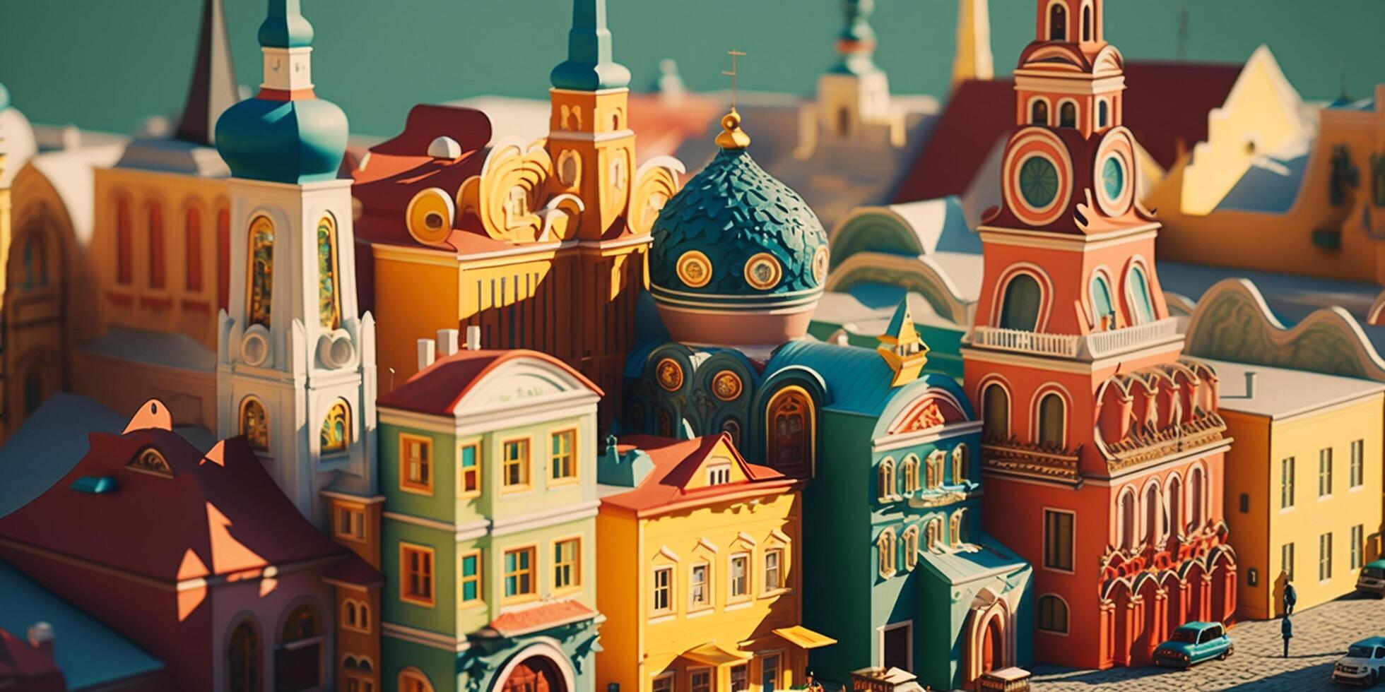 Colorful Cartoon-Style Russian Town with Cozy Houses and Onion-Shaped Towers photo