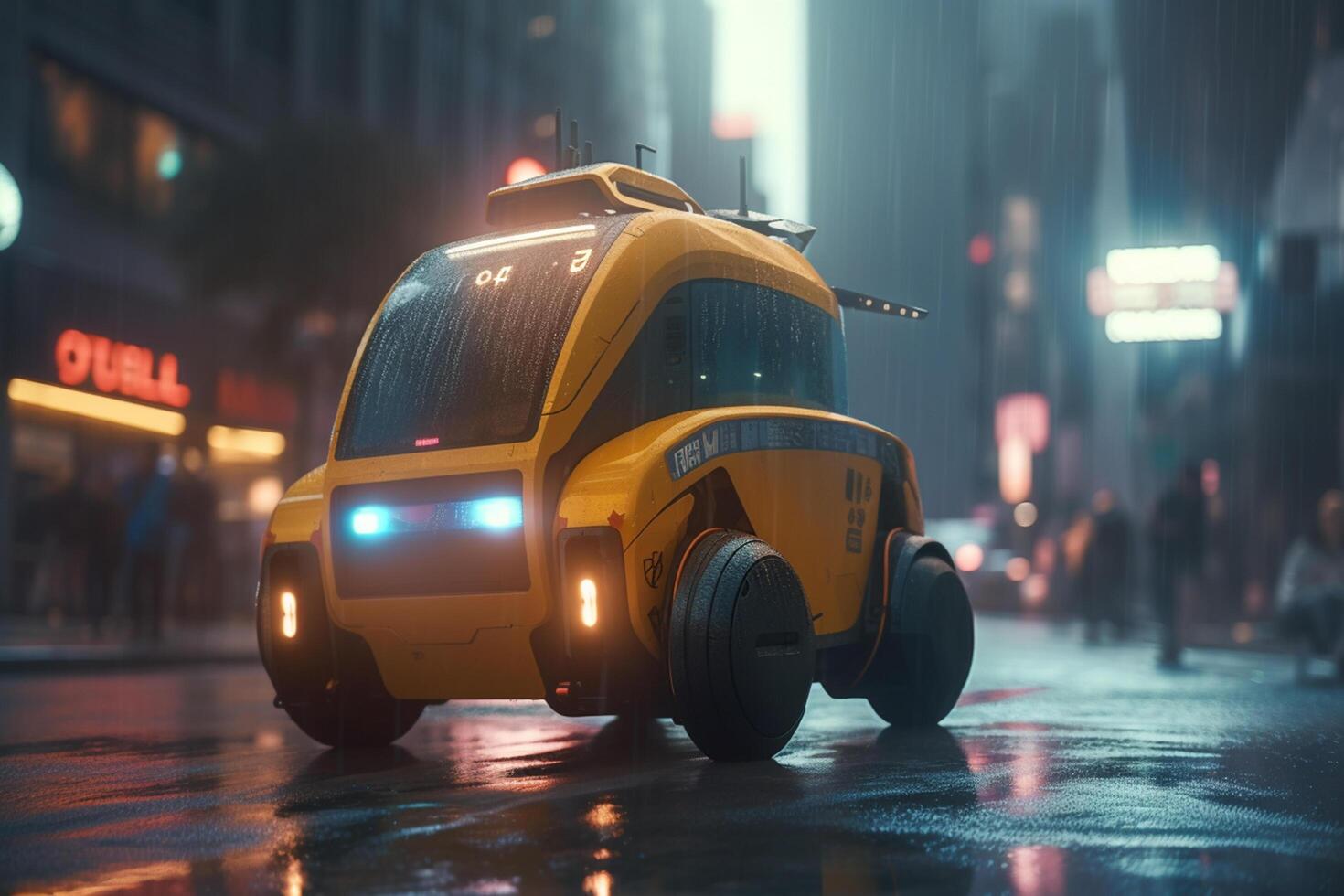 Futuristic Robot Taxi Driving Through City of Tomorrow photo