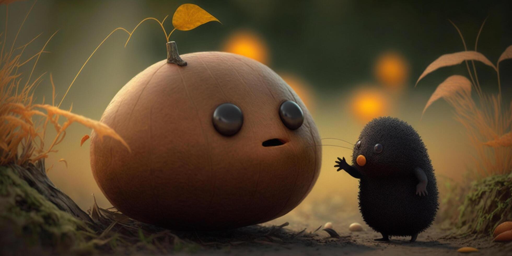 Funny mole chatting with a goofy pumpkin in the autumn garden photo