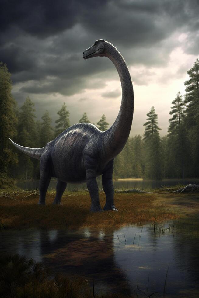 agraciado gigantes itinerancia el prehistórico reino realista ilustración exhibiendo el diplodocus en un sereno prehistórico paisaje ai generado foto