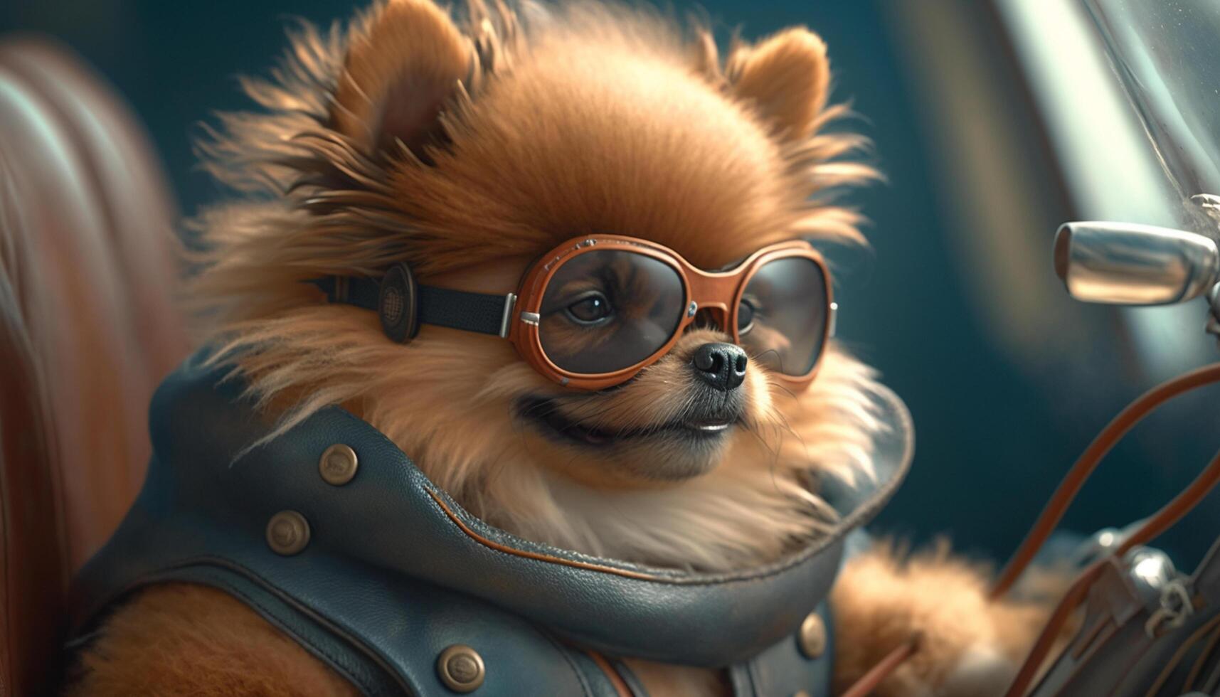 Riding Shotgun Adorable Pomeranian Dog with Aviator Goggles on a Motorcycle Sidecar photo