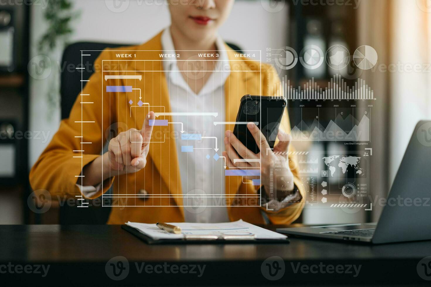 Project manager working and update tasks with milestones progress planning and Gantt chart scheduling diagram. business working with smart phone, tablet and laptop photo