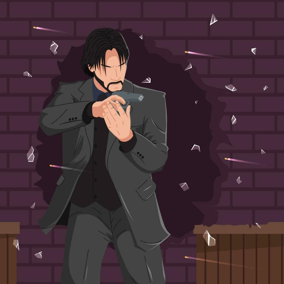 Man in Suit Holding Gun in Action Shootout vector