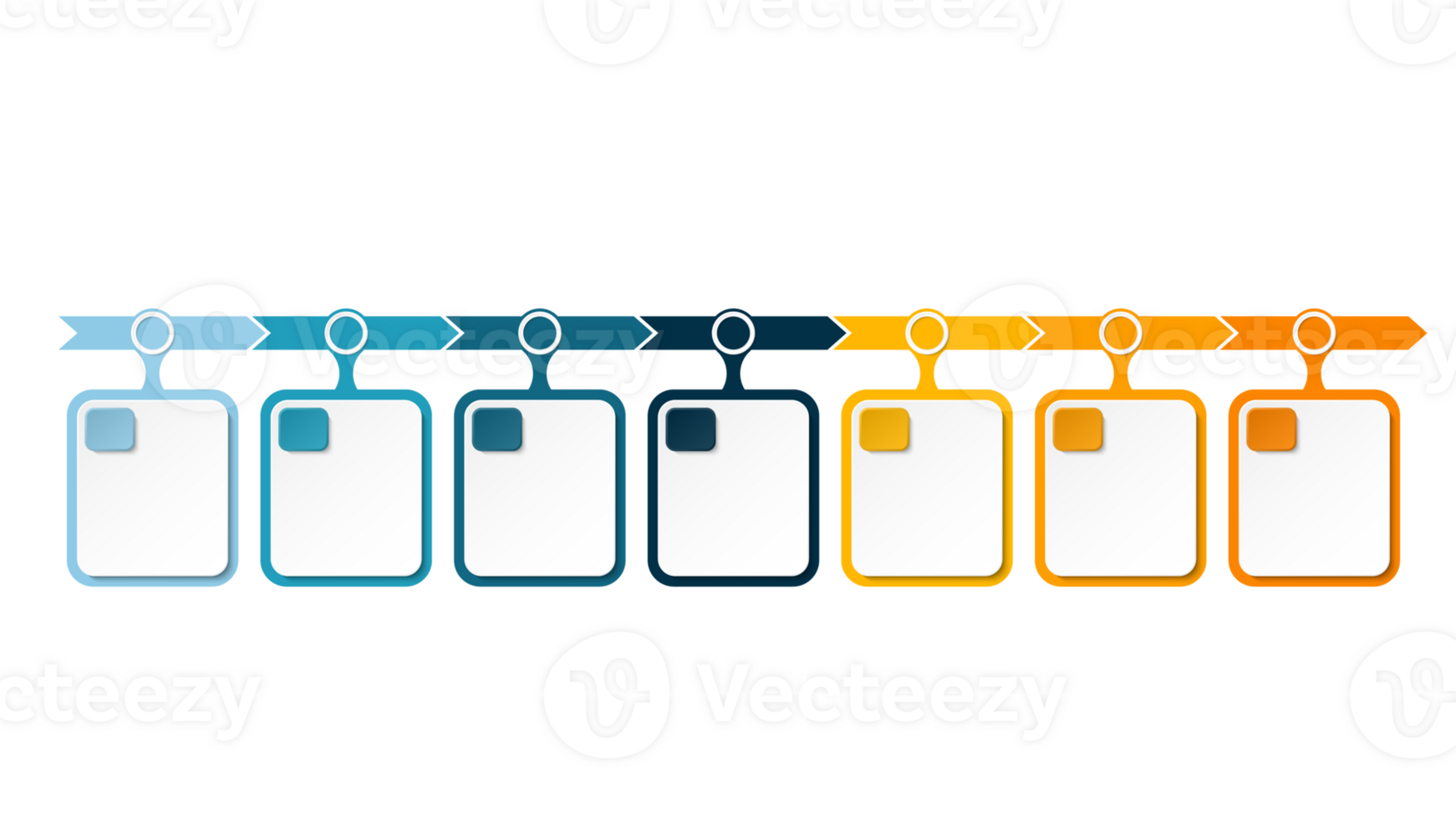 Horizontal timeline or flowchart with seven square elements and space for data. png