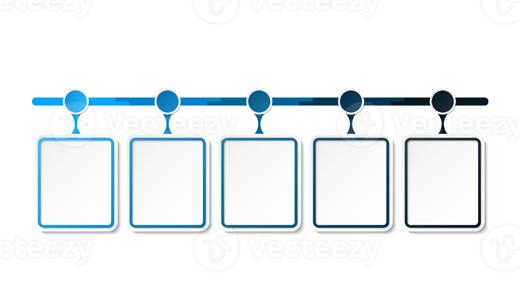 Horizontal timeline or flowchart with five square elements and space for data. png