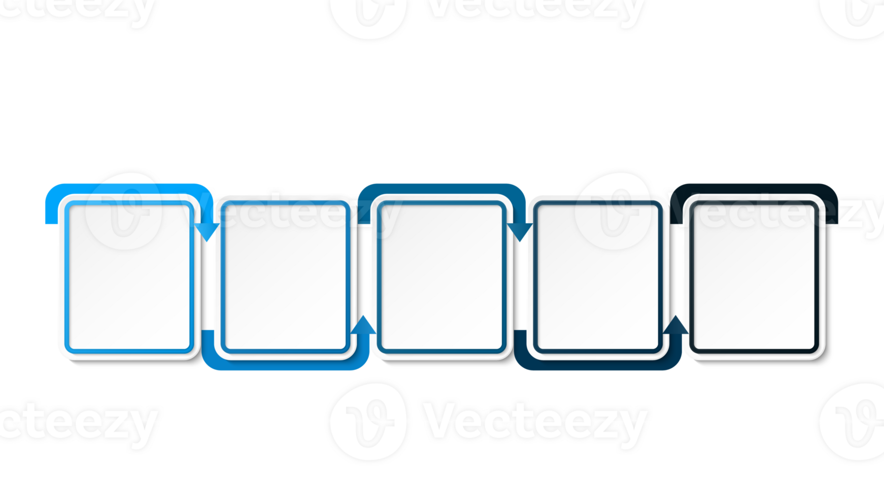 Horizontal timeline or flowchart with five square elements and space for data. png