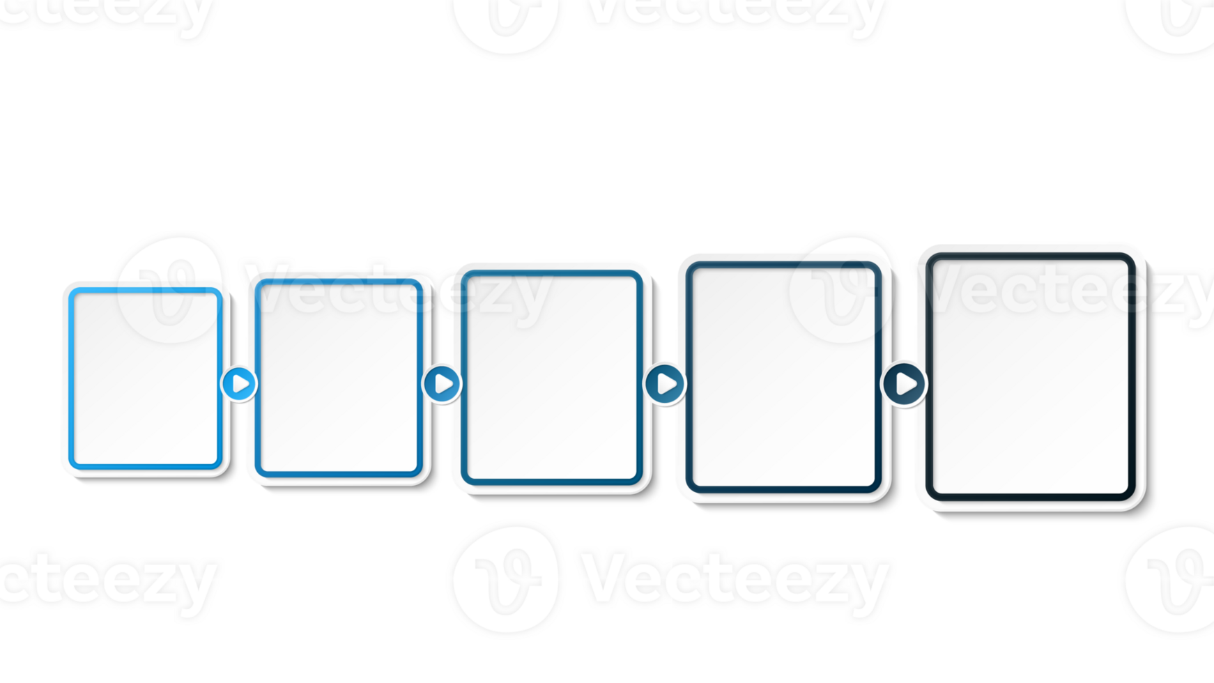 Horizontal timeline or flowchart with five square elements and space for data. png