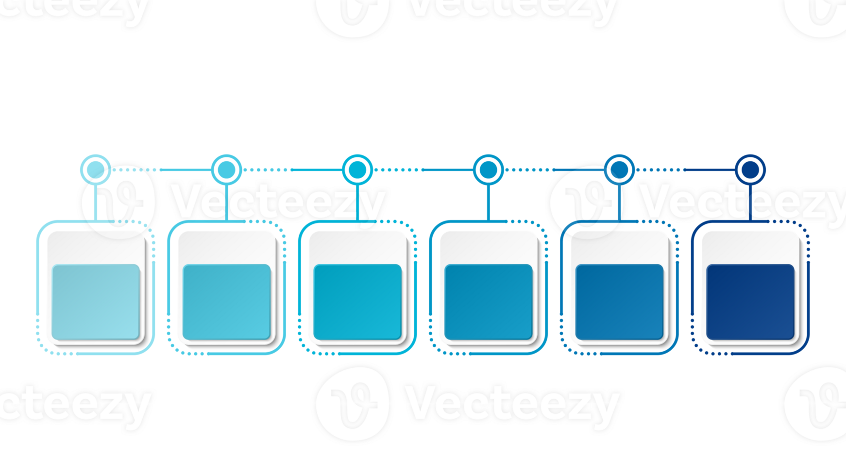 Horizontal timeline or flowchart with six square elements and space for data. png