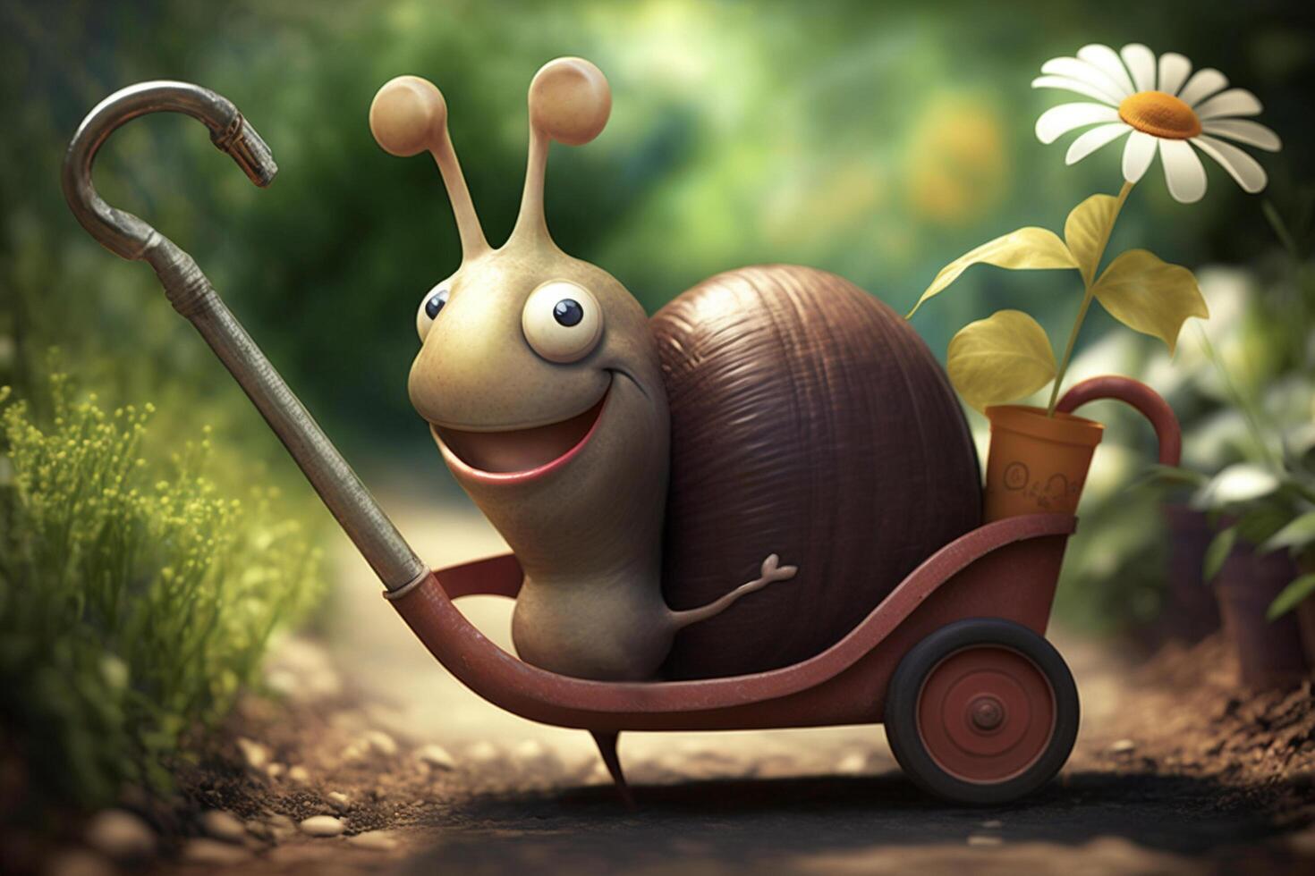A funny snail with a wheelbarrow gardening in spring photo
