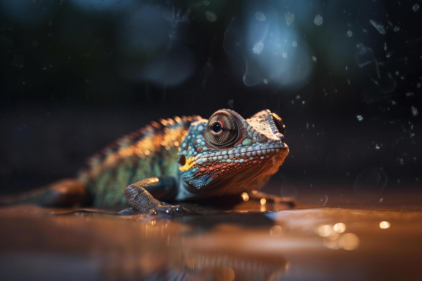 A Camouflaged Chameleon Rests on Sandy Ground photo