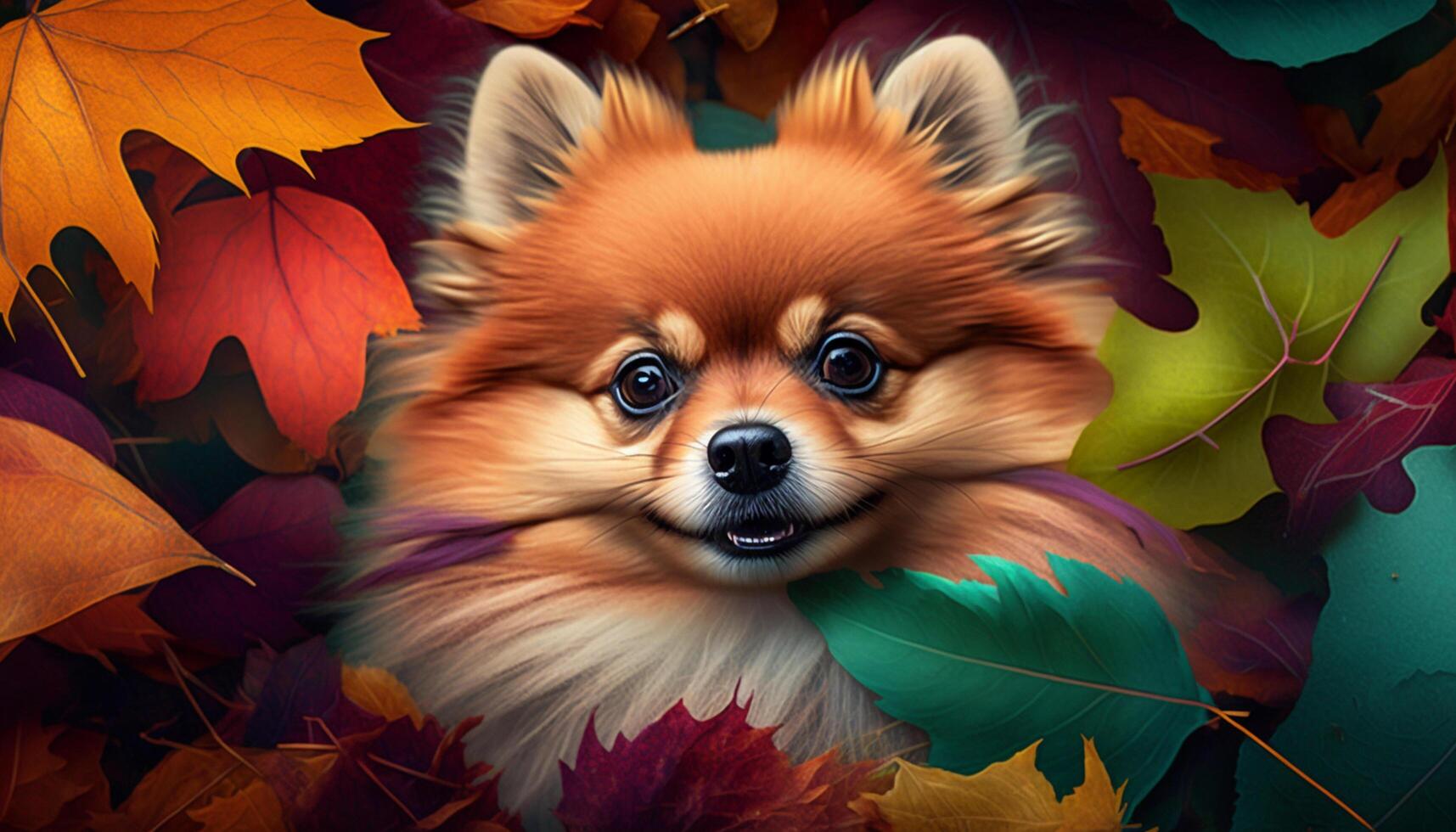 Pomeranian pup peeks through a sea of colorful autumn leaves photo