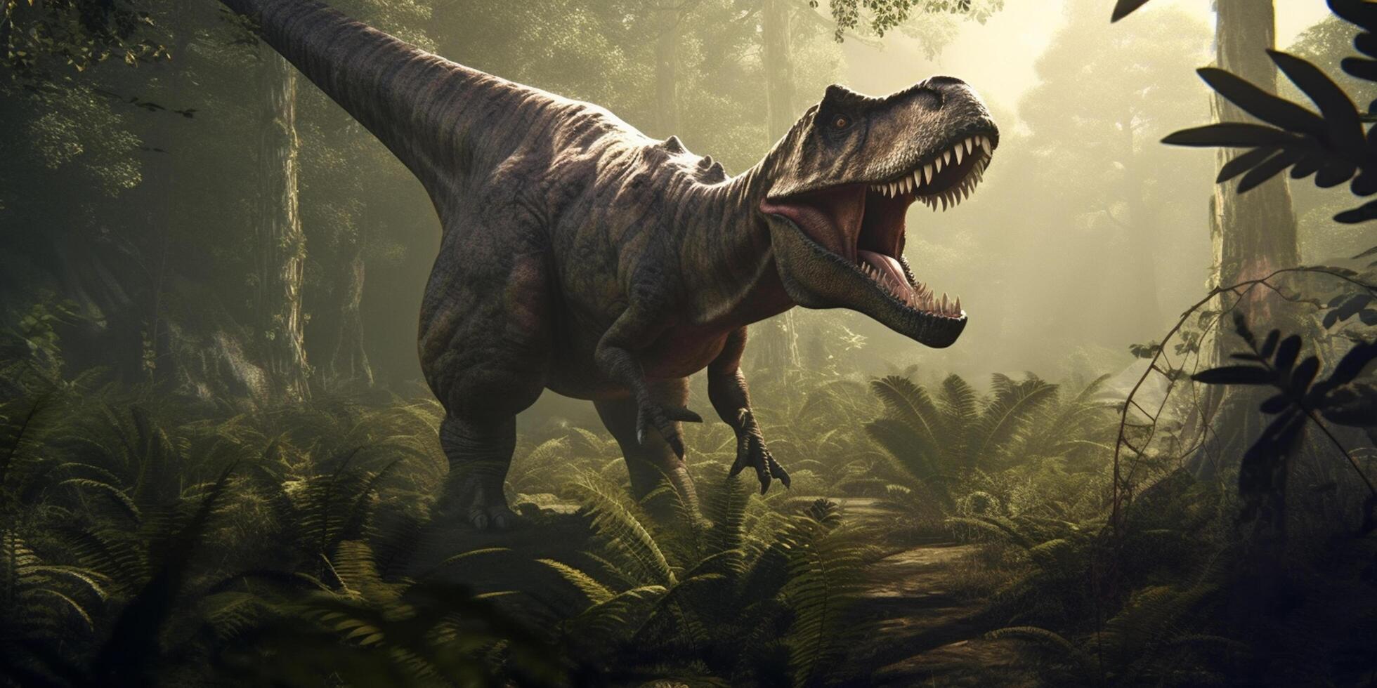 Rey de el prehistórico reino realista ilustración de tiranosaurio rex en sus antiguo habitat ai generado foto