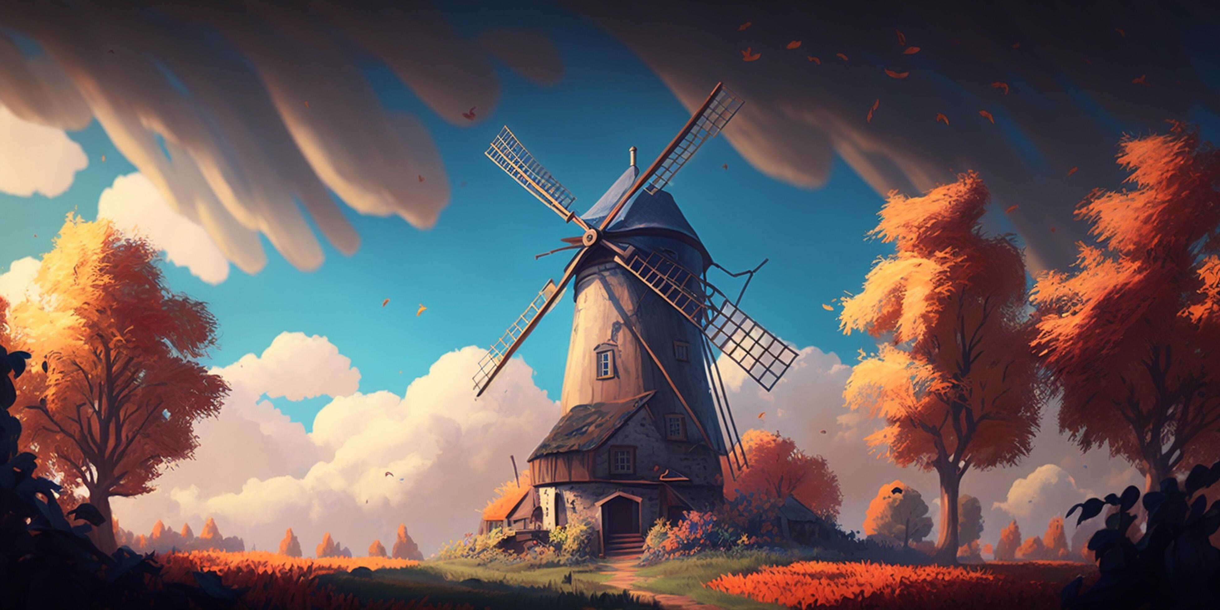 Fantastic traditional windmill in autumn AI generated illustration