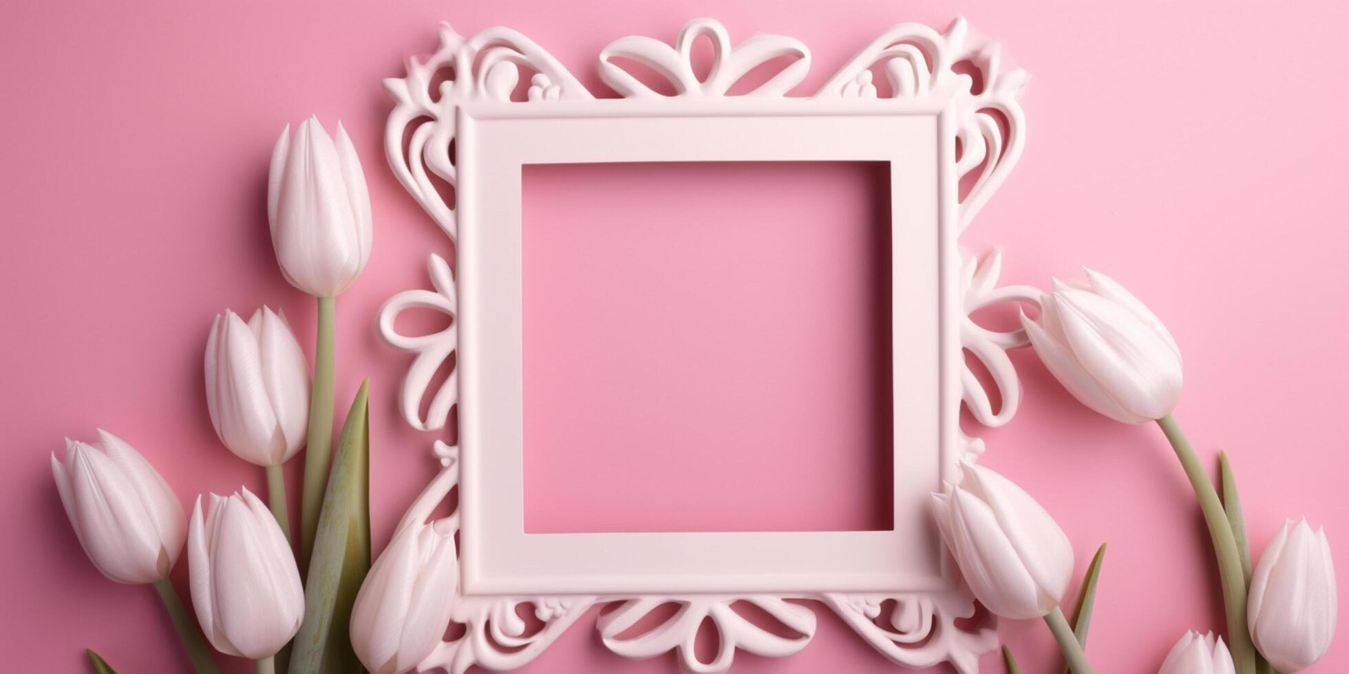 Empty white picture frame with pink tulips on a pink background photo