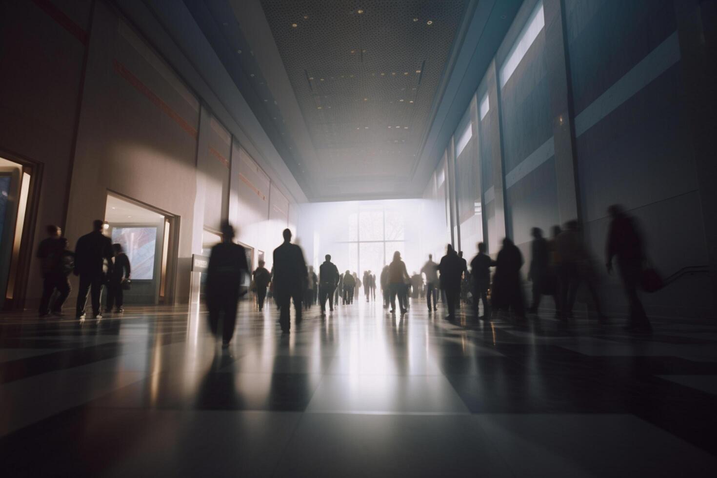 Bustling Conference Hall Waiting Area and Entrance Hall with Blurred Businesspeople Coming and Going in Bright Ambience photo