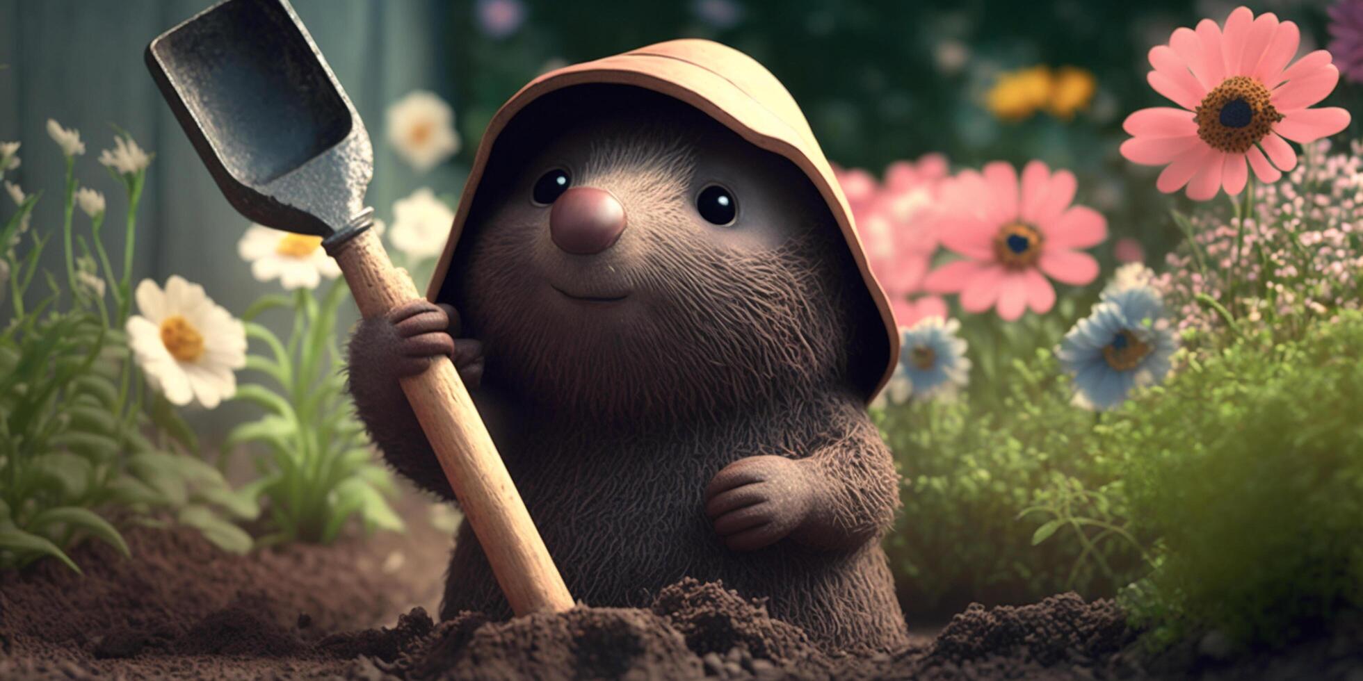 Funny cute Mole Gardening with gardening tools and a Smile photo