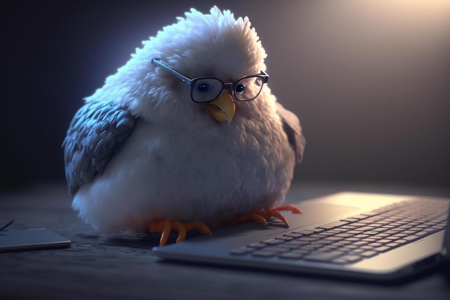 The nerdy chicken typing away on the laptop photo