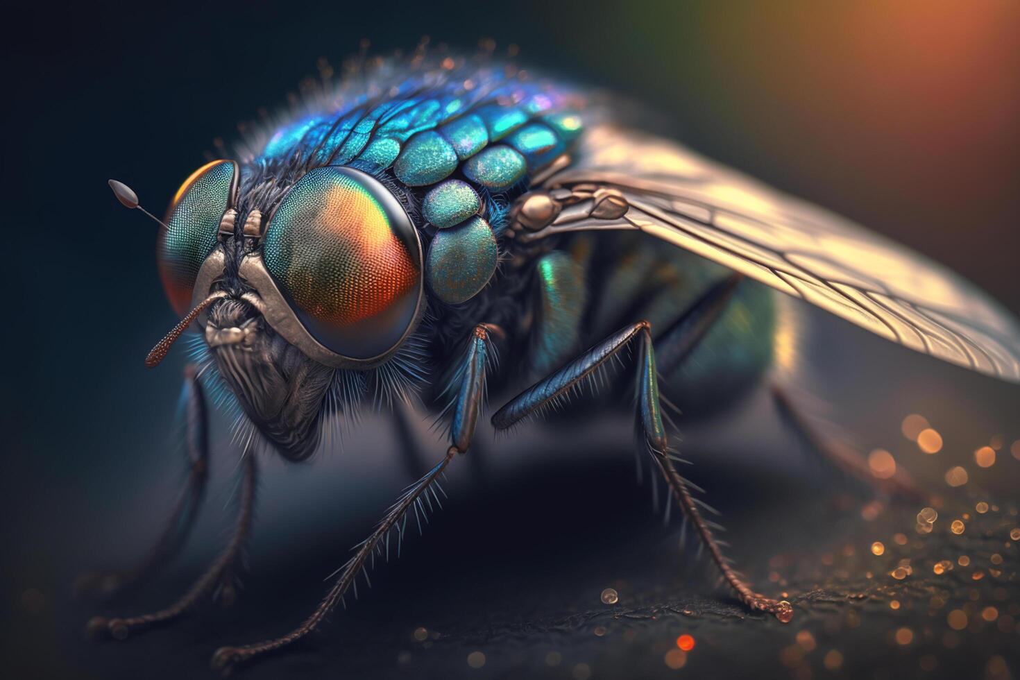 Incredible hyper-realistic illustration of a fly-like insect, extreme close-up photo