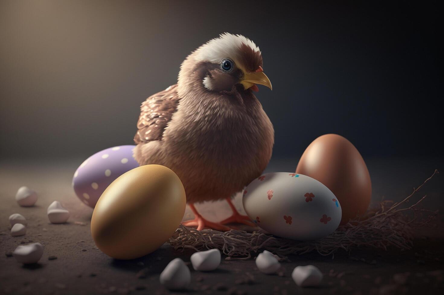 Adorable little chicken chicks with Easter eggs in a basket photo