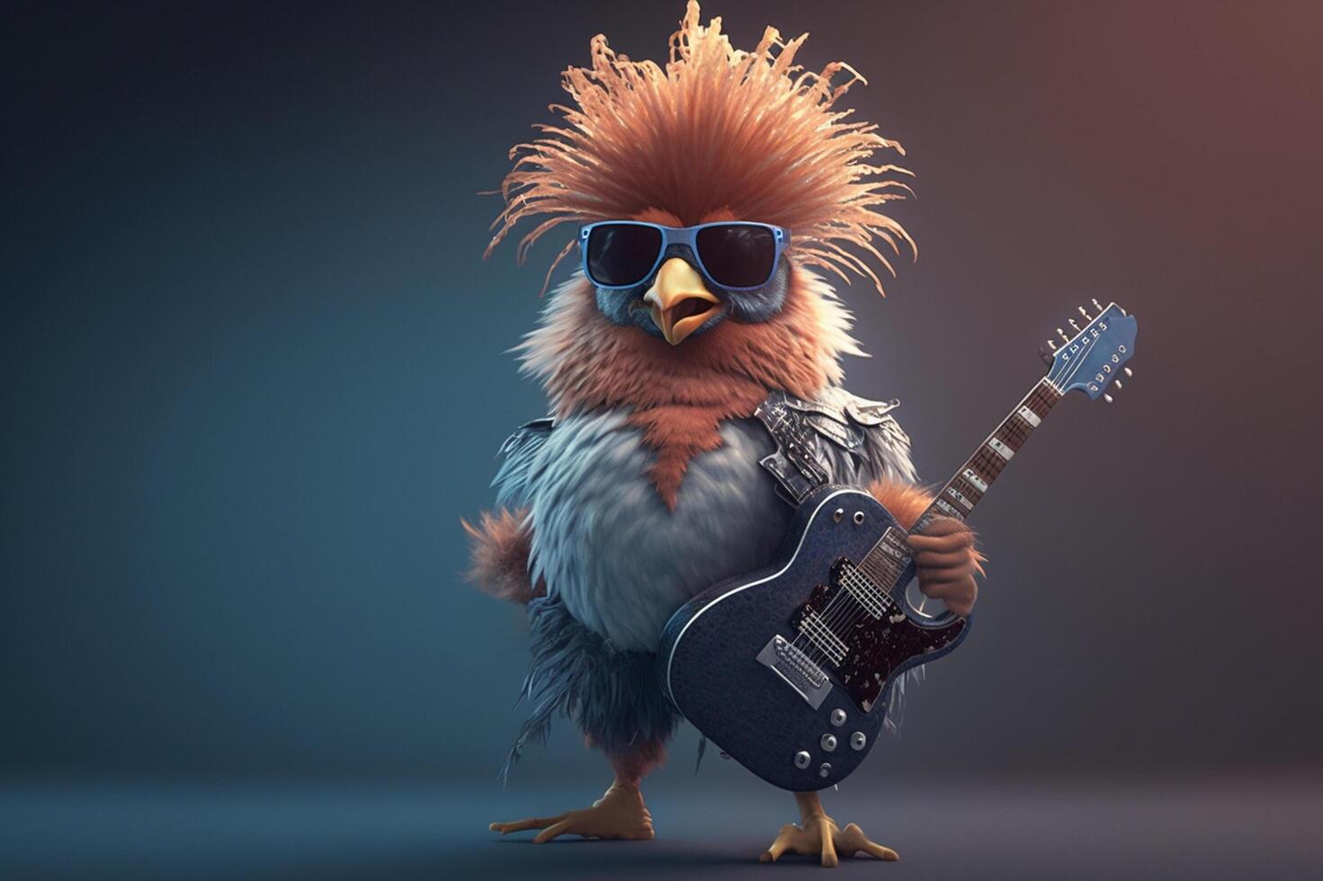 rockeando pollo un loco gallina con un guitarra jugando estrella de rock en etapa ai generado foto
