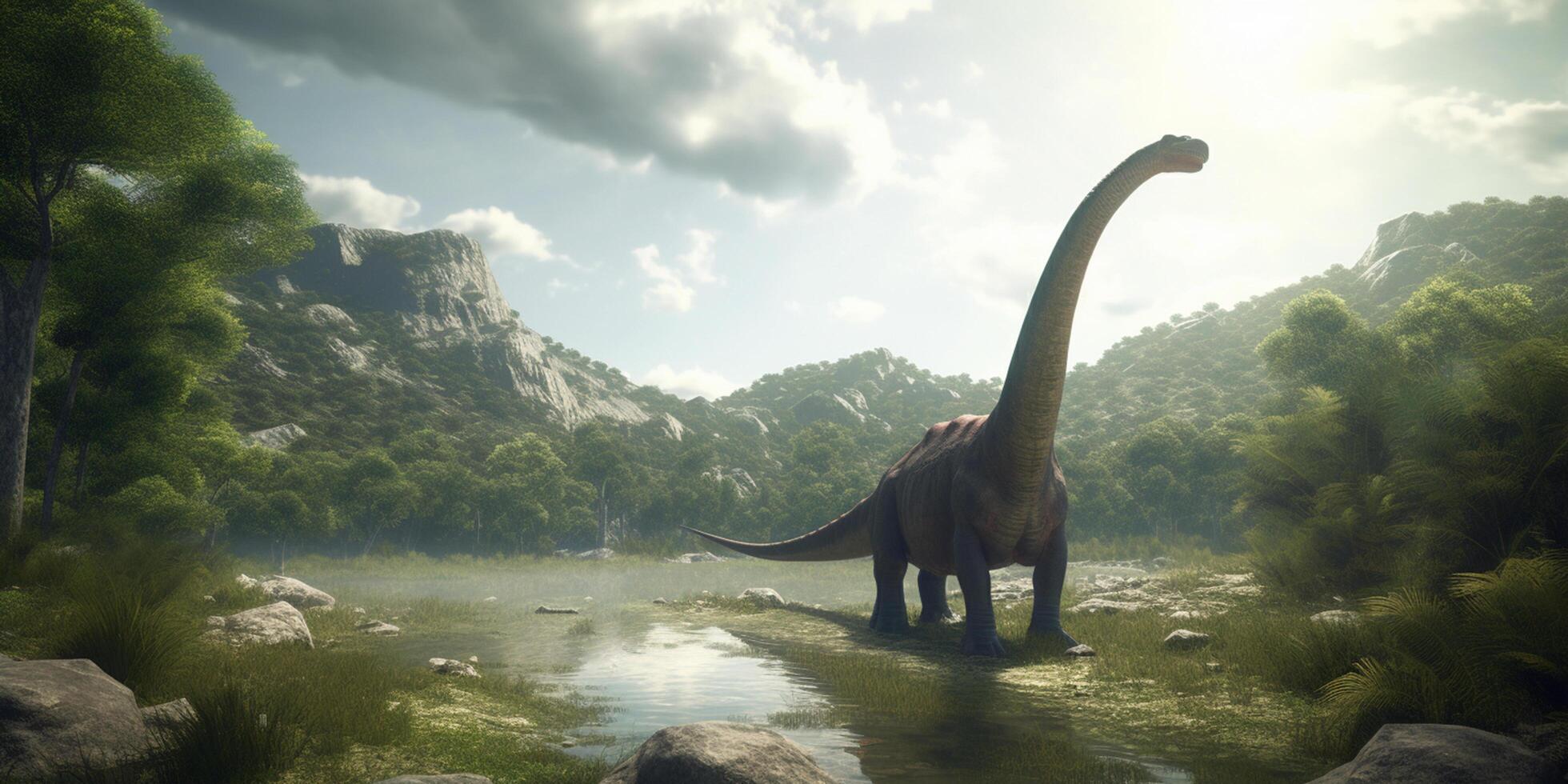 agraciado gigantes itinerancia el prehistórico reino realista ilustración exhibiendo el diplodocus en un sereno prehistórico paisaje ai generado foto