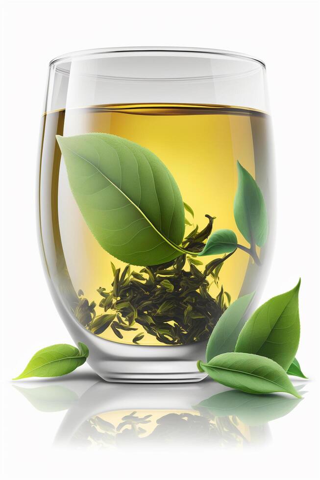 Refreshing green tea in a clear glass on white background photo