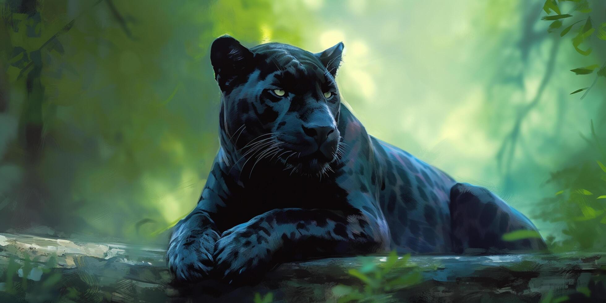 In the Jungle, the Mighty Panther Rests Amongst the Greenery An Aquarelle Painting photo