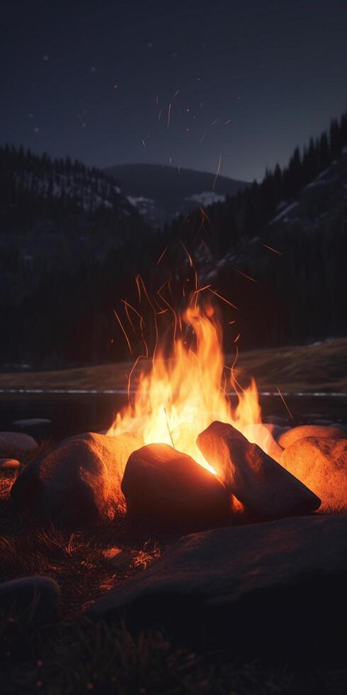 Cozy campfire in the heart of the mountain wilderness photo