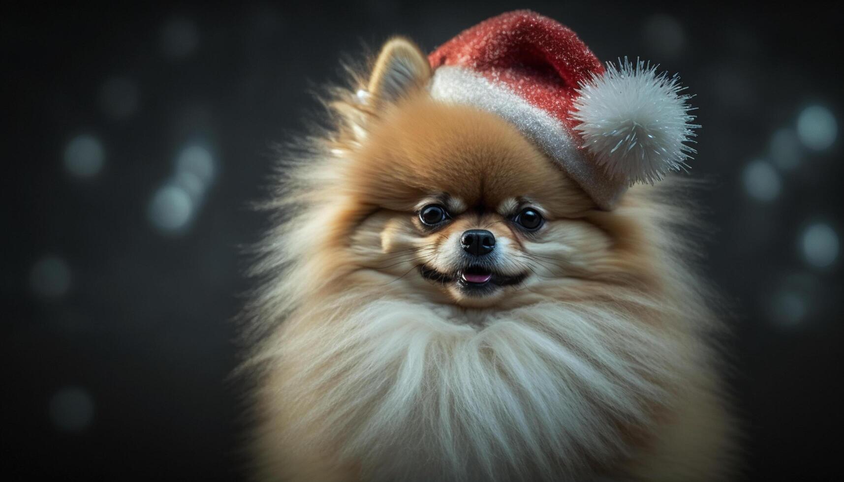 Festive Pomeranian pup donning a red and white Santa hat photo