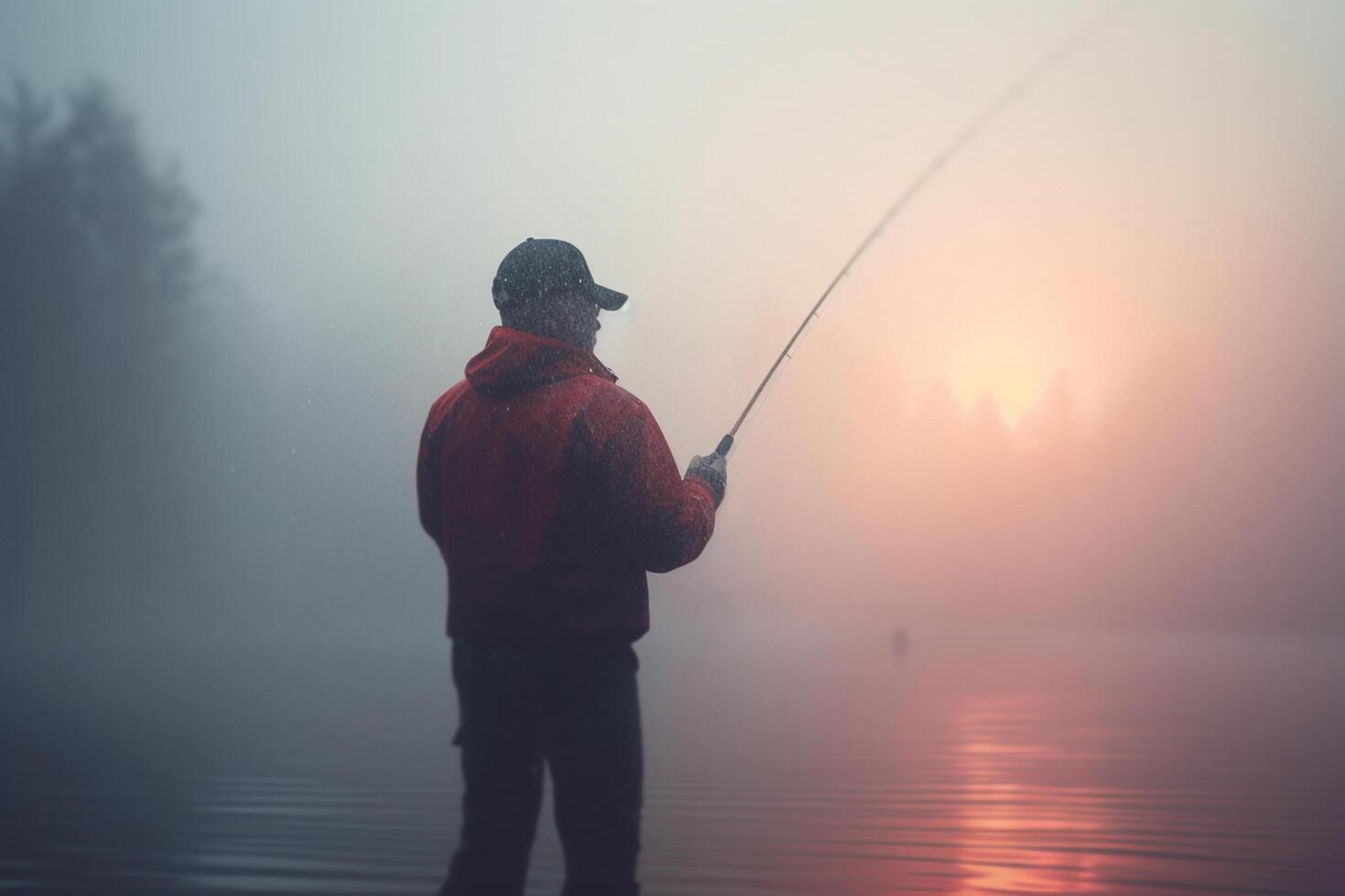 Fishing at Dawn Angler in the misty lake with fishing rod photo