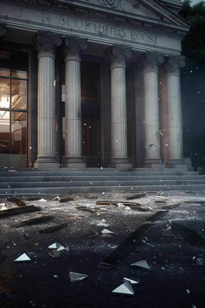Desolate aftermath of a bank run shattered glass and debris on the empty street photo