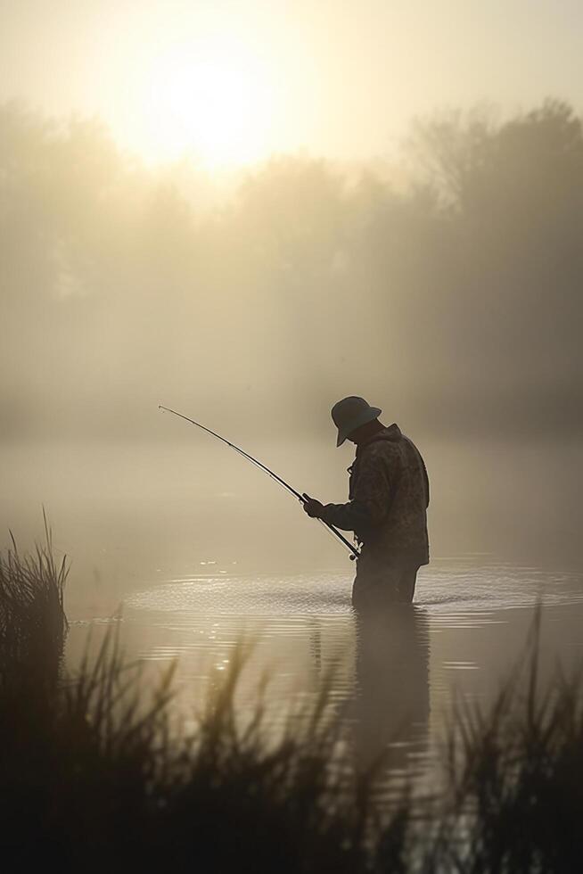 Fishing at Dawn Angler in the misty lake with fishing rod photo